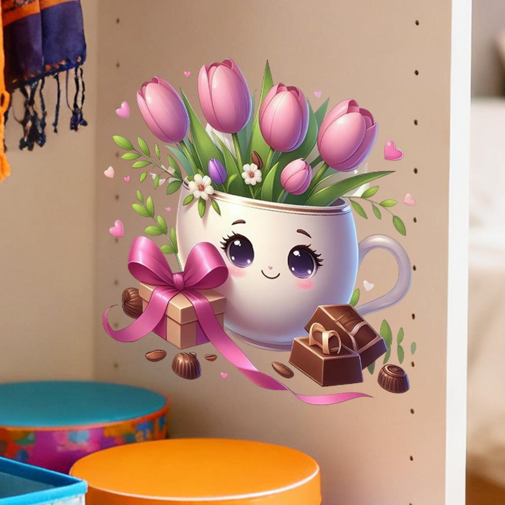 Caneca Coração Doce Adesivos de Parede Data Floral & Chocolate, Autoadesivo Removível Decoração Fofa para Decoração de Cozinha Sala de Estar Quarto