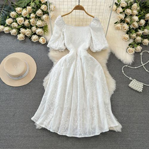 Fashion Dress for Women Square Collar Puff Sleeve A-line Floral Texture Vestido Womens Solid Color Folds Dresses Summer Dropship
