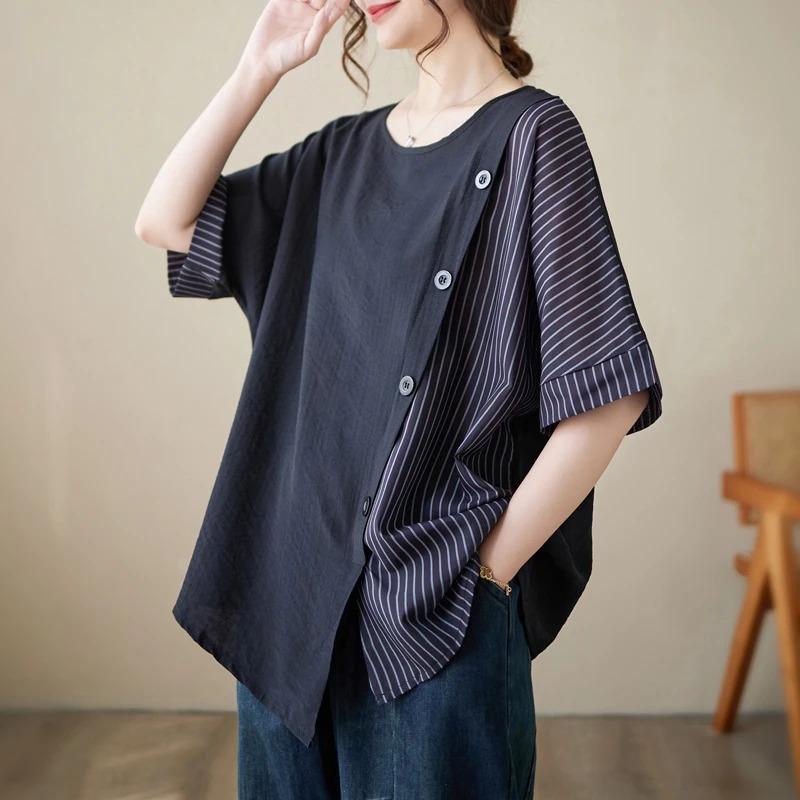 New Cotton and Linen Plus Size Women's Summer Loose Short-sleeved Slimming