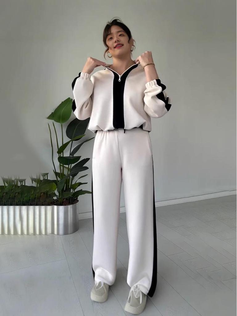 2025 Autumn Women's Fashion Color Block Casual Knitted Two-Piece Set