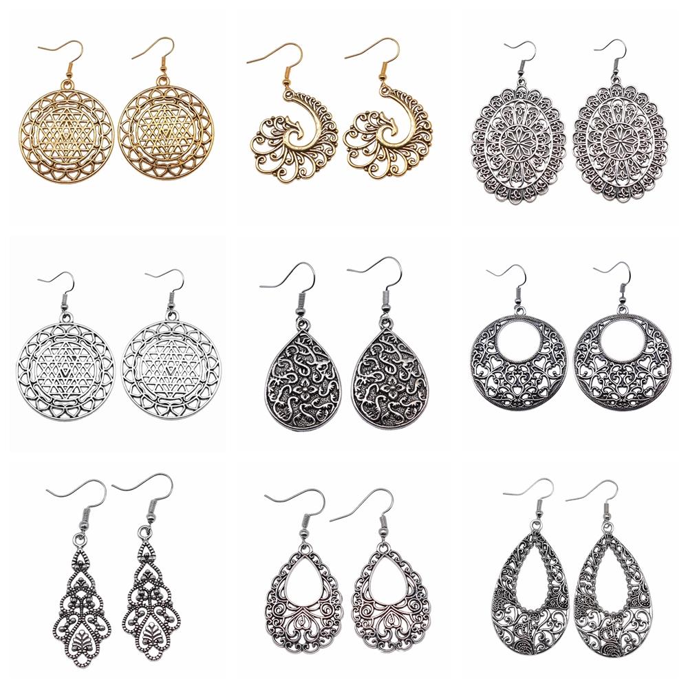 38 Styles Women Ethnic Style Jewelry Earrings Bohemia Carved Round Oval Waterdrop Flower Pattern Dangle Earrings Drop Earrings
