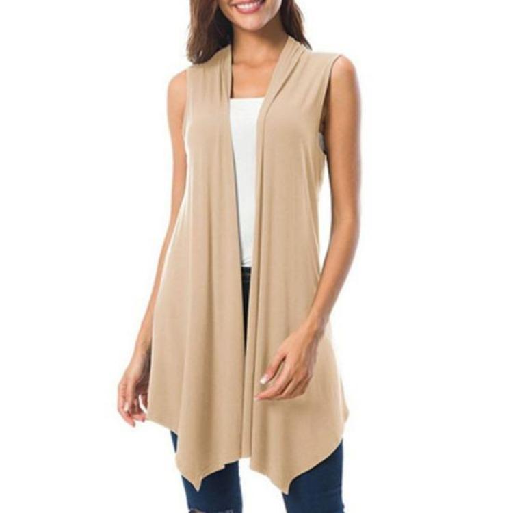 Sommer Damen Ärmellose Leichte Strickjacke Weste Einfarbig Offen Vorne Drapierter Mittellanger Asymmetrischer Saum Weste Mantel
