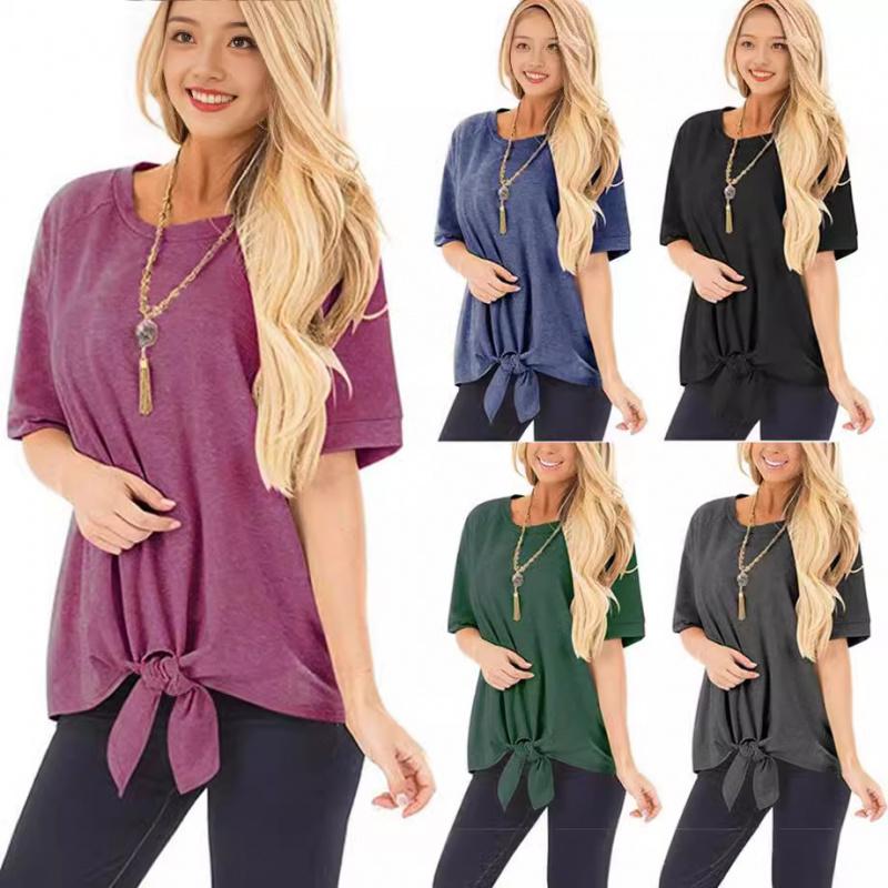2026 Women's Fashion Wish Summer New Round Neck Short Sleeve Loose T-Shirt with Knotted Hem