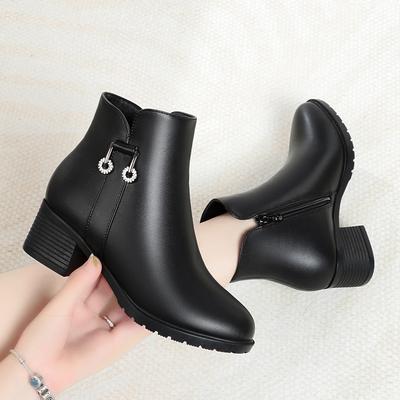 Damen Kurzstiefel mit dickem Absatz, Herbst und Winter neue Einzelstiefel, Schuhe aus weichem Leder und Samtleder