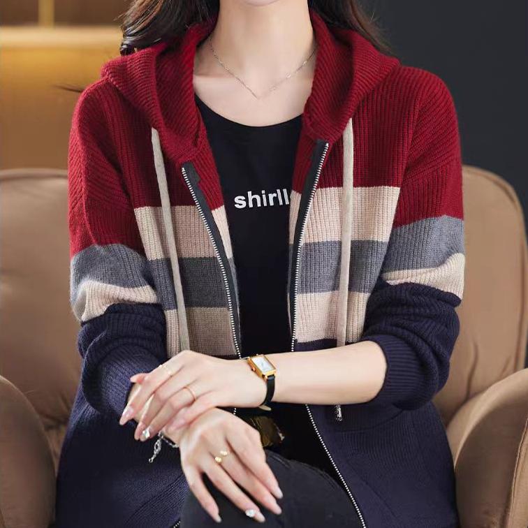 Hooded Striped Cardigan Women's Spring and Autumn Sweater Sweatshirt Casual Knitted Sweater Loose Knitted Cardigan