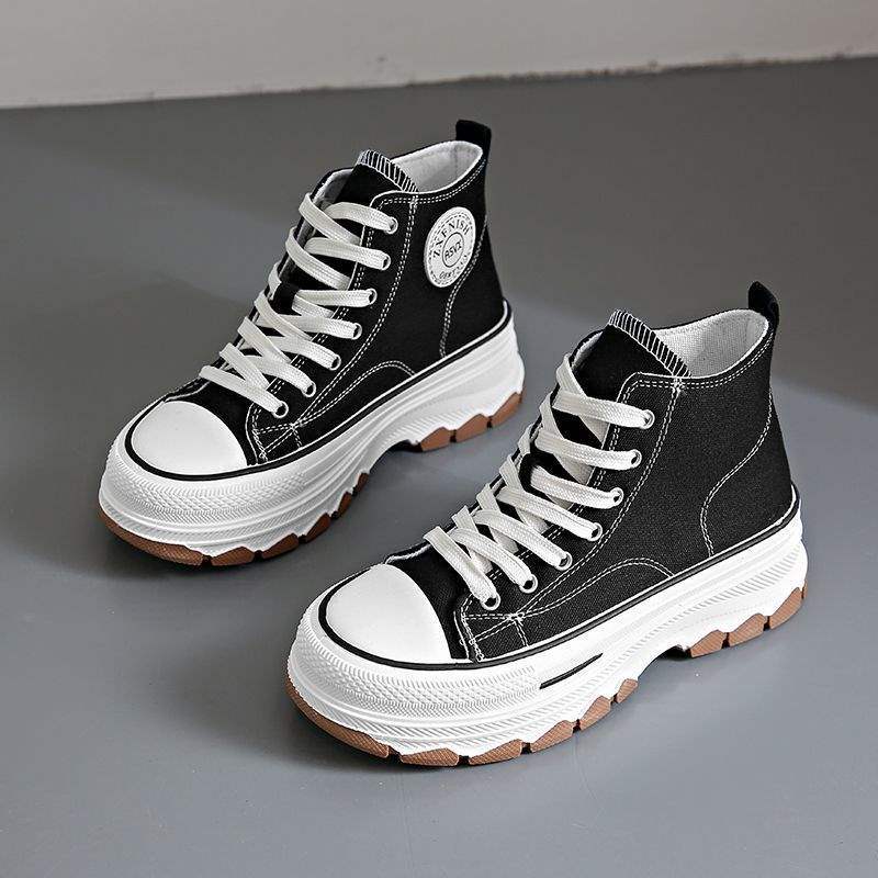 Thick-soled high-top canvas shoes women's Korean version of versatile spring and autumn new breathable non-slip mid-heel ins sports and leisure b