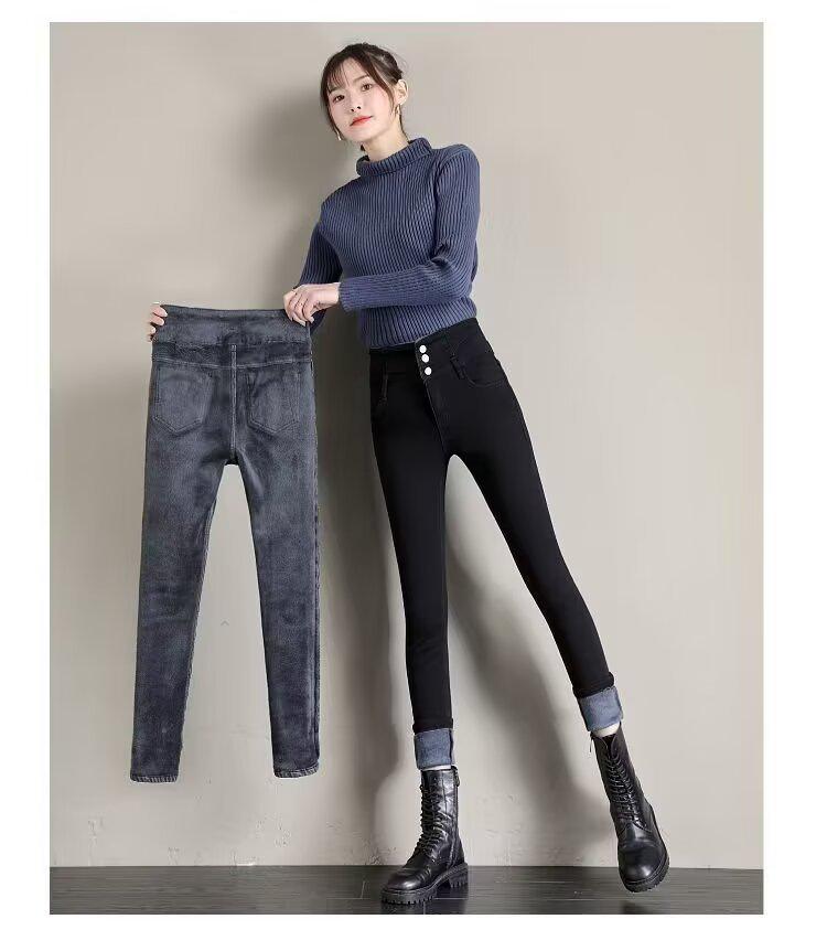 Jean skinny doublé polaire pour femme, Automne/Hiver 2025 Nouveau, Pantalon crayon slim fit taille haute