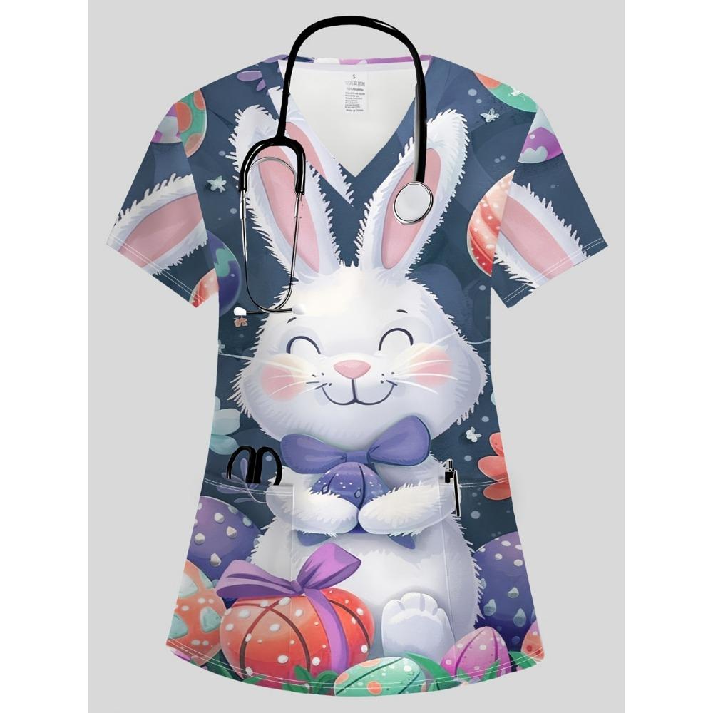 Clinical Uniform Woman Vet Easter Themed Print Top Summer Elegant V-Neck Short Sleeve with Pockets Dentist Scrubs Uniform Woman