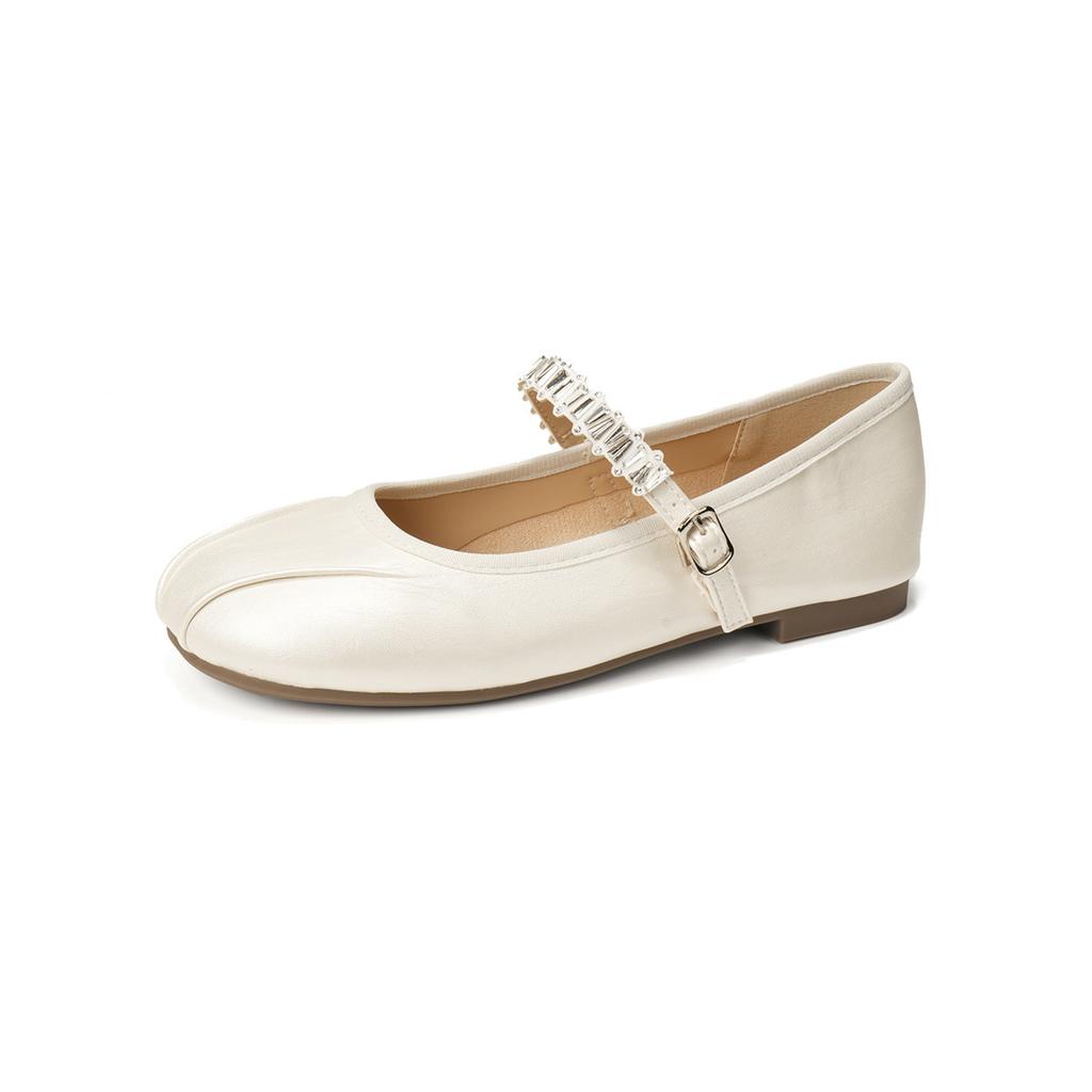 Zapatos casuales de suela plana versátiles con cabeza redonda francesa y pliegues de boca poco profunda, zapatos Mary Jane con cinturón de palabra de taladro feng shui de temperamento