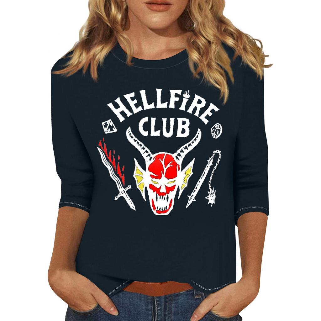 Women's Fashionable Casual Three-Quarter Sleeve Printed Neck T-Shirt Top