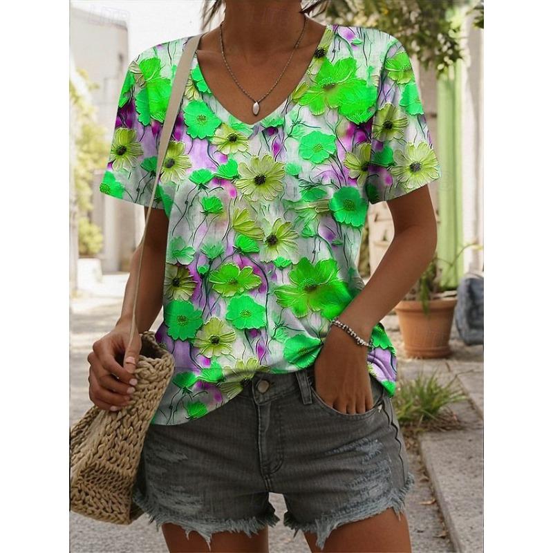 Summer New 3D Printed V-neck Women's Loose Casual Short Sleeved T-shirt