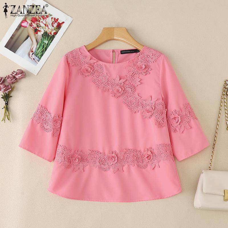 ZANZEA Women Casual Round Neck 3/4 Sleeve Summer Patchwork Blouse