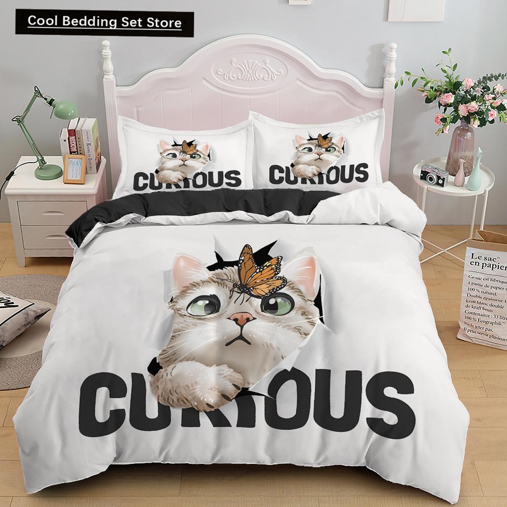 3D Cat King Queen Duvet Cover Cute Cartoon Kitty Bedding Set for Kids Teens Adults Pet Animal White 2/3pcs Polyester Quilt Cover