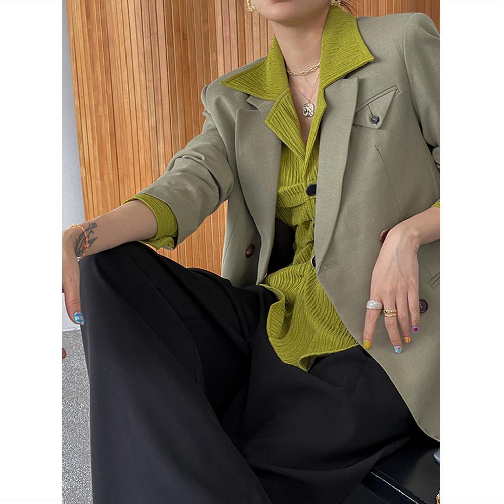 Retro Texture Pleated Mustard Green Shirt Loose Hong Kong Style V-neck Lapel Early Autumn Top New