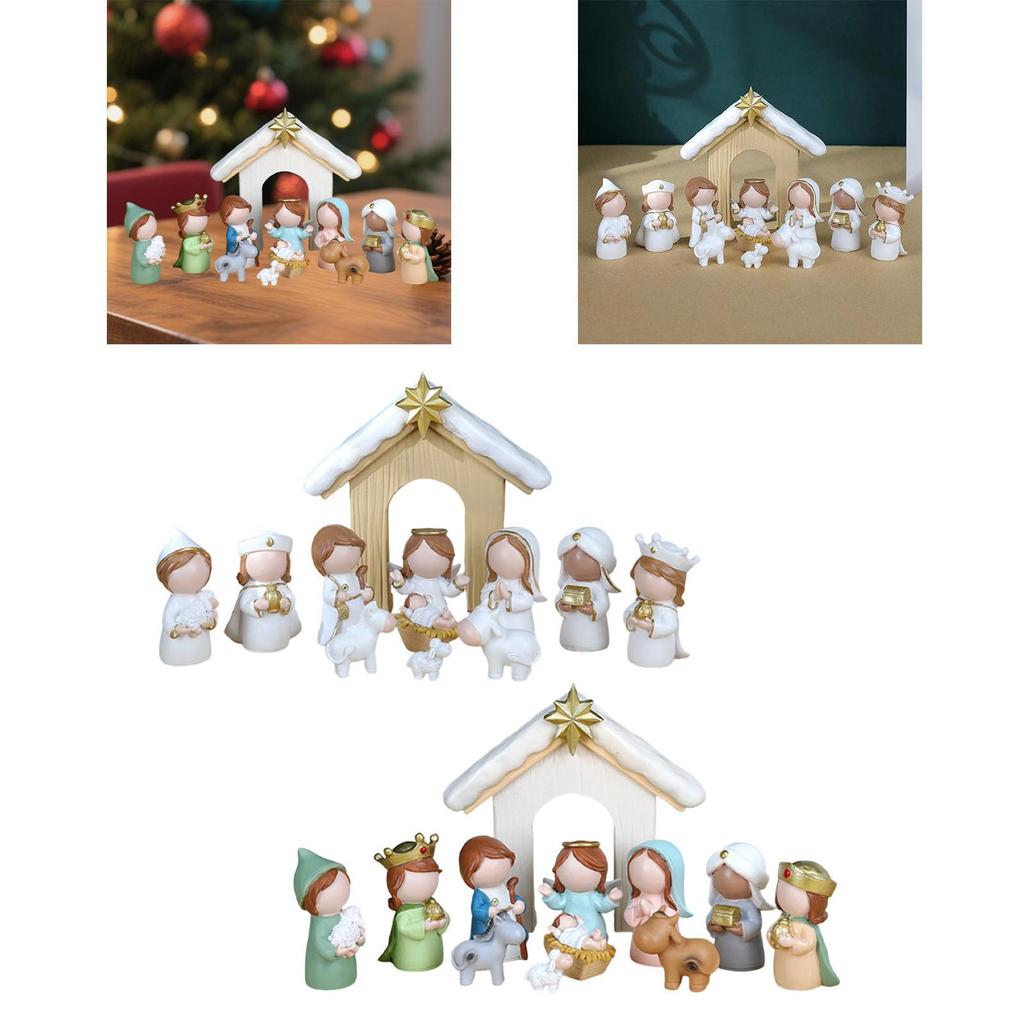 12Pcs Cartoon Holy Family Nativity Scene Set Holiday Decor Resin Craft