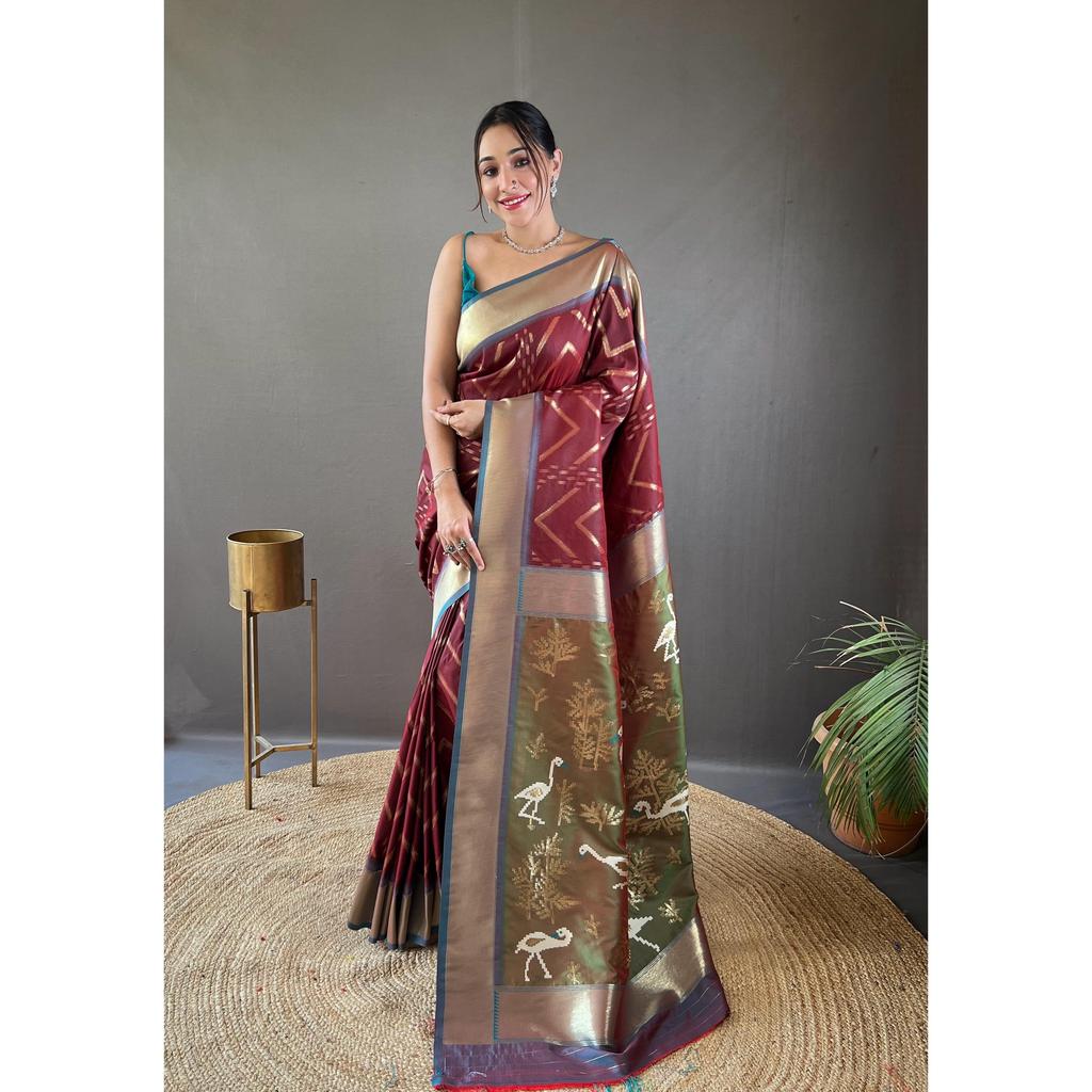 Pure Soft Silk Saree with Beautiful Zig Zag Viscose Zari Design with Zari Patta and Rich Ikkat Weaving Pallu