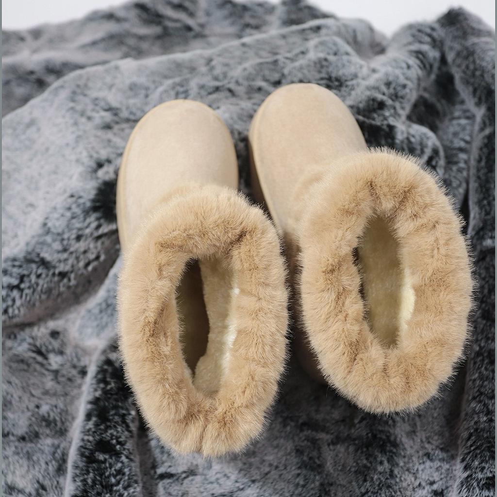 Shoes for Women Winter Slip On Women's Boots Black Round Toe Solid Flock Plush Warm Mid Heel Water Proof Casual Snow Boots Women