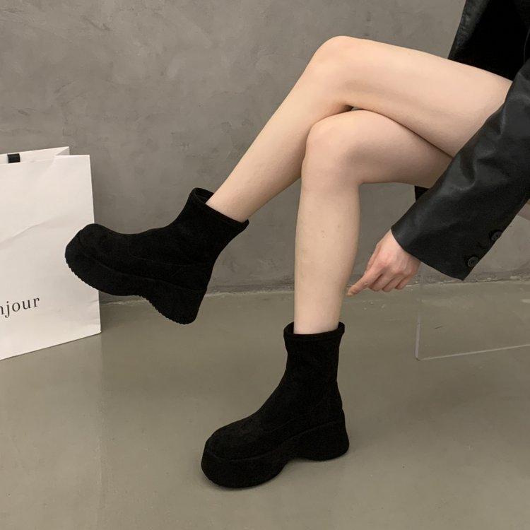 7Cm Thick-soled Elastic Thin Boots Women's 2025 Autumn New French Heightening Small Muffin High-heeled Small Short Boots