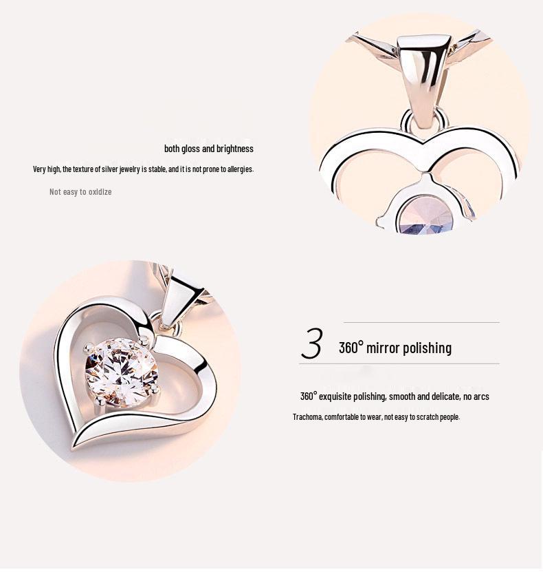 Girlish Heart 925 Sterling Silver Clavicle Necklace - Love Heart Pendant Gift for Women: Christmas, Valentine's, Student, Girlfriend