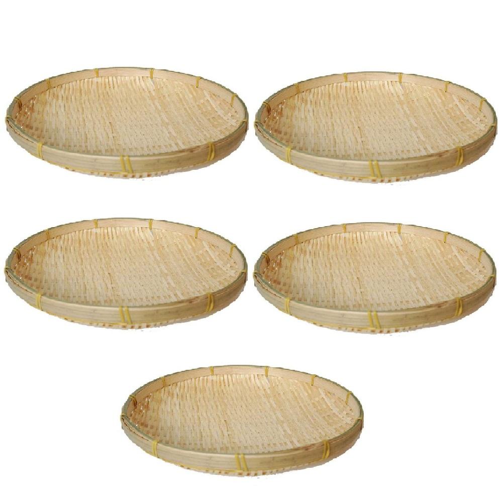 Bamboo Woven Basket Tray Flat Wicker Round Fruit Basket Woven Food Storage Shallow Tray Decorative Serving Tray for Home Kitchen