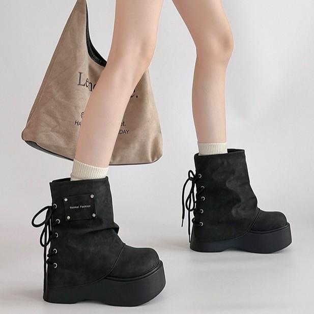 Design Sense Rear Lace-Up Skinny Platform Boots Autumn and Winter Retro Big Head Pants Boots Women's Martin Boots Knight Boots