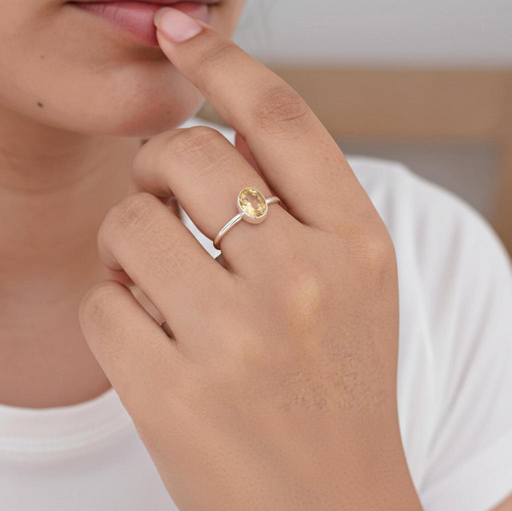 Minimalistyczny pierścionek do układania w stosy z żółtym cytrynem dla kobiet, srebro próby 925, ręcznie robiony pierścionek boho do noszenia na co dzień