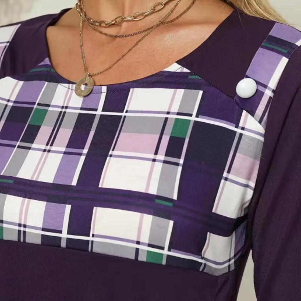 Plaid Print Splicing Dress, Casual Crew Neck Short Sleeve Summer Asymmetrical Dress, Women's Clothing