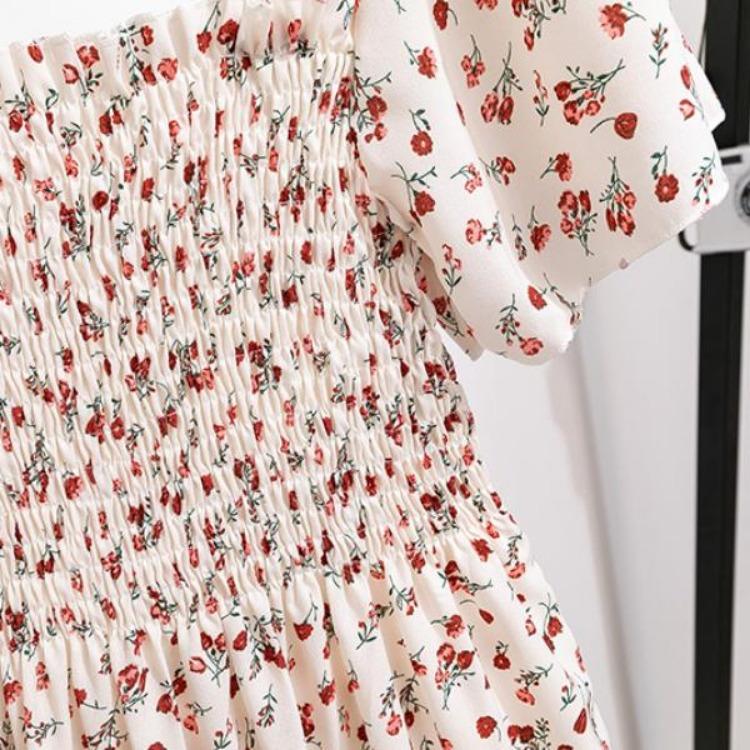 Women's Floral Print Chiffon Dress Casual Summer Autumn Short Sleeve Elastic Waist A-Line Midi Dress Fashion