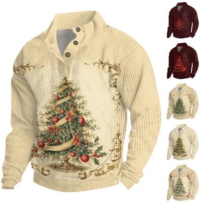 Men's Christmas Cotton Pullover Long Sleeve Outdoor Shirt Vintage Corduroy Button Stand Collar Shirt Casual Sweatshirt Christmas Print Top