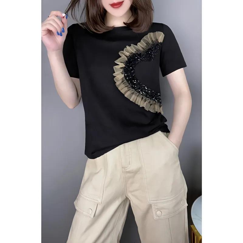 Women Summer Simple Patchwork Sequined Gauze T Shirts O-neck Short Sleeve Tops