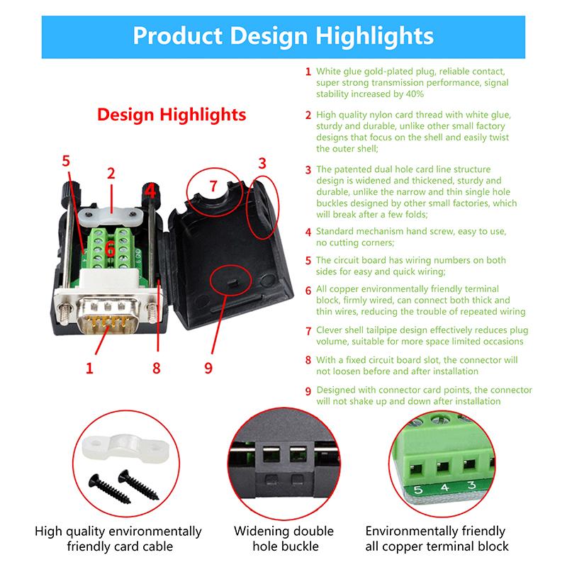 Db9 Serial Adapter Rs232/485/422 Connector Male Female 9 Pin Breakout Terminals Com Connector 21-24 Awg Wire Solderless