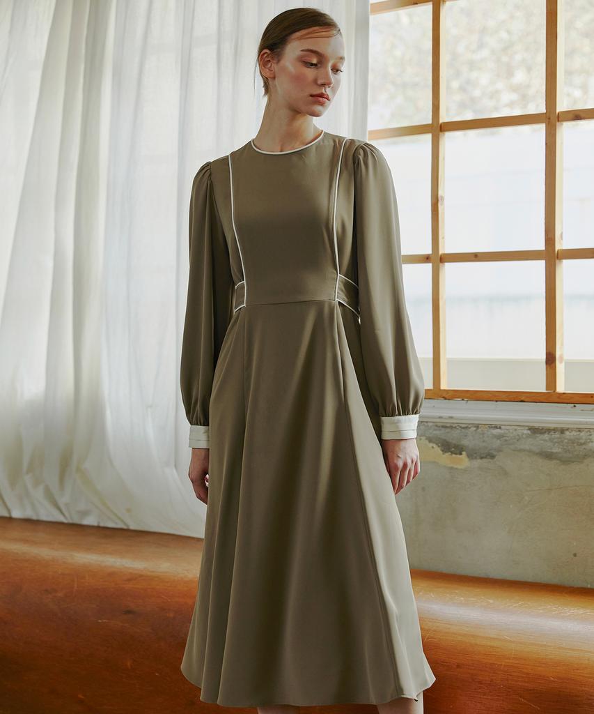 Etmont Combination Color Piping Dress Khaki Brown