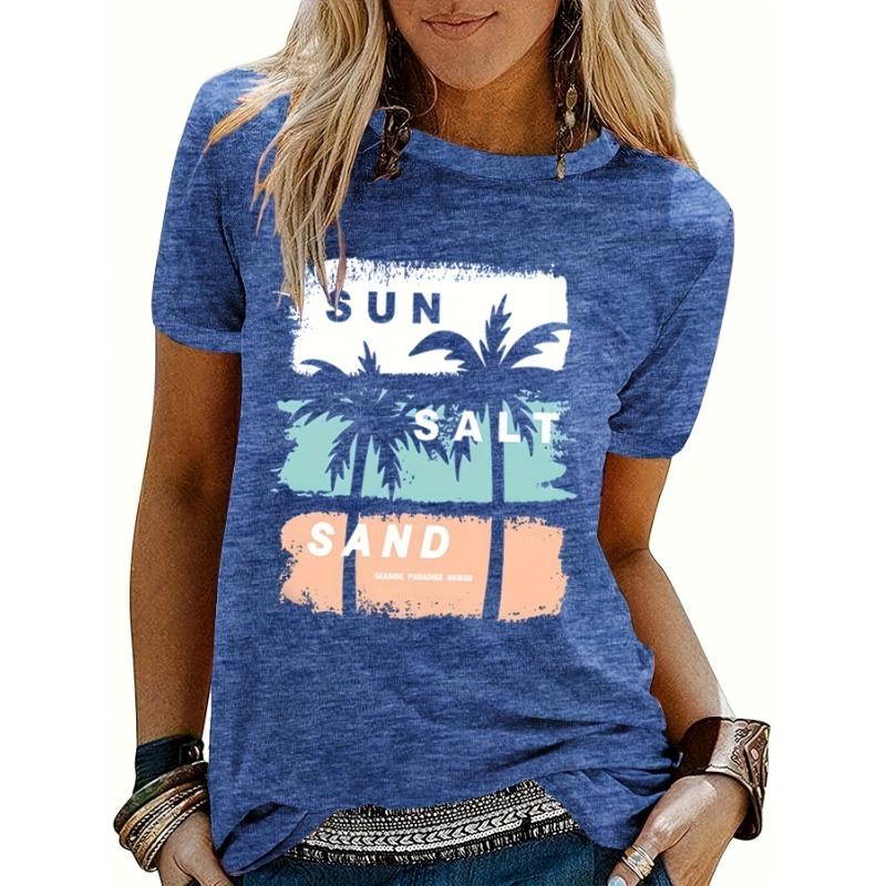 Beach coconut tree pattern printed women's round neck short-sleeved T-shirt, spring and summer casual printed short-sleeved tops for women