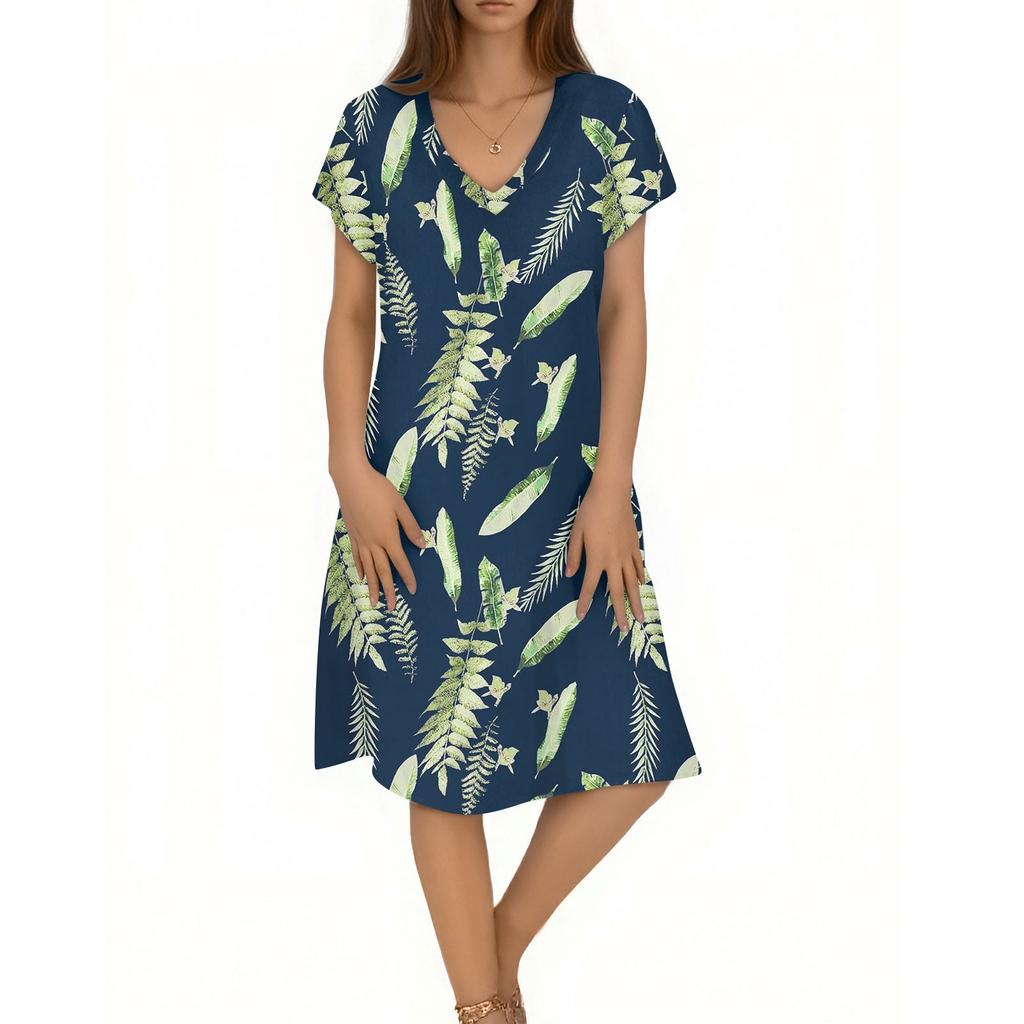 Women's Casual Fashion V-Neck Short Sleeve Floral Print Midi Flowing Dress