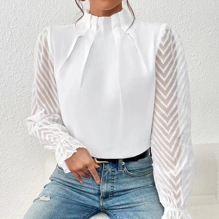 2024 Spring/Autumn Semi-High Neck Pleated Wave Pattern Ruffle Sleeve Mesh Top