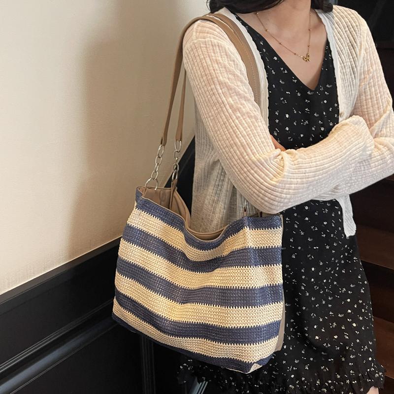 Seaside Holiday Beach Bag Women's Large Capacity Striped Straw Tote Bag