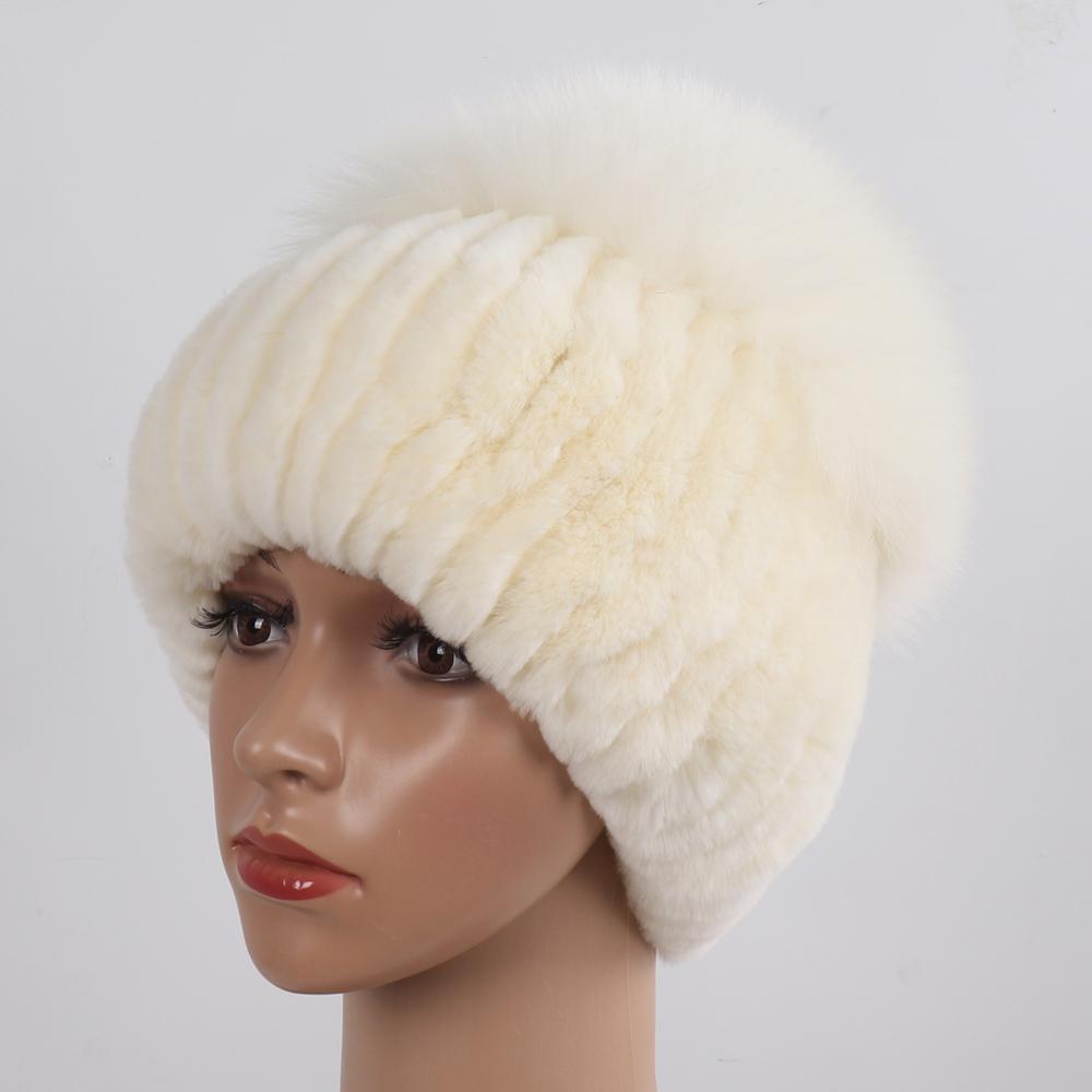 Russia Lady Winter Real Fur Hat Women Warm Knitted Genuine Rex Rabbit Fur Hat Top Natural Fox Fur Bomber Caps Rex Rabbit Fur Cap