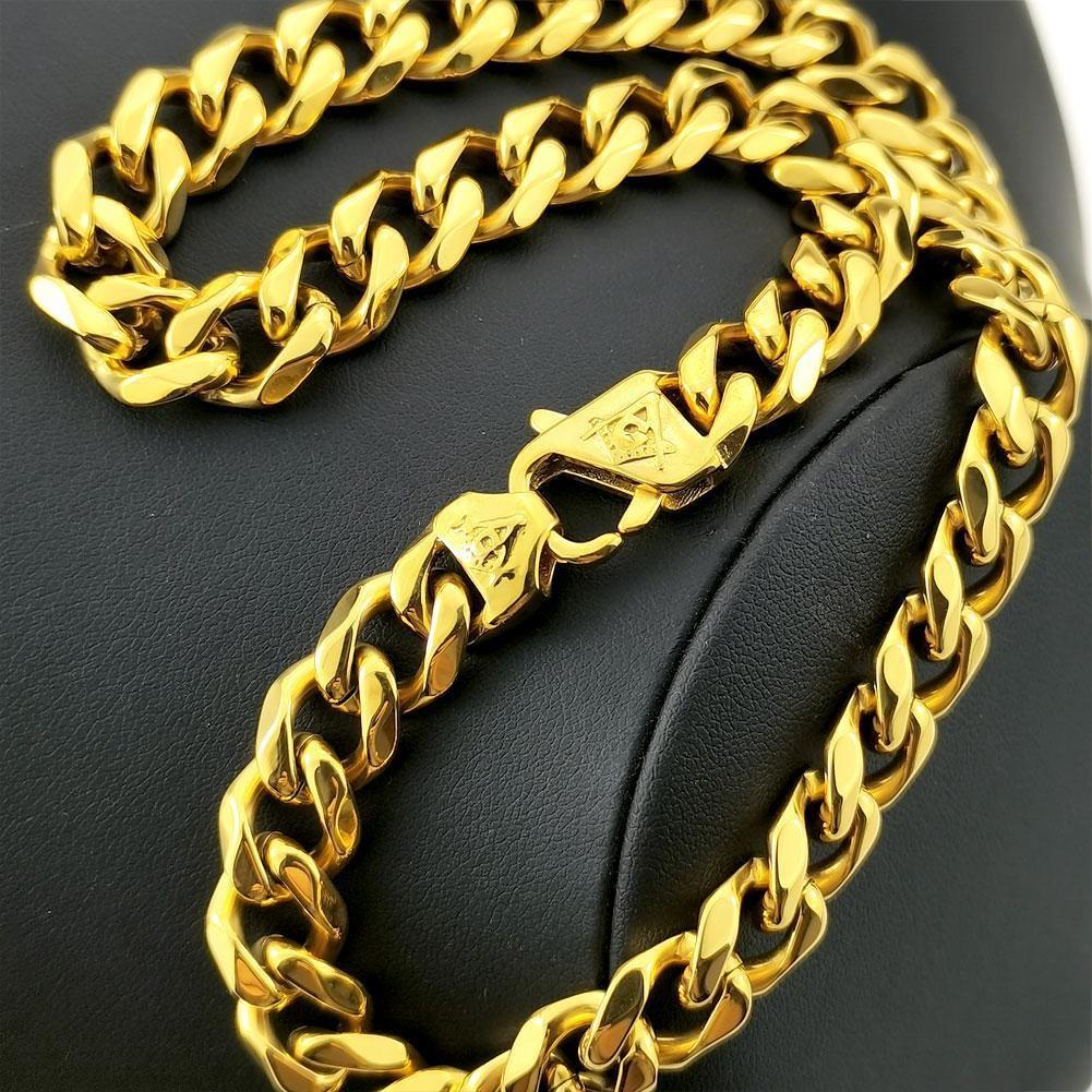 Necklace Mens Women Freemasonry Masonic Mason Stainless Steel 11mm Width Yellow