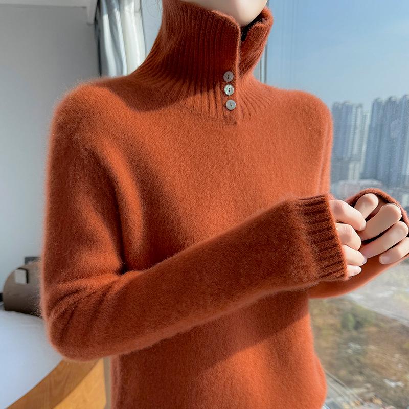 Women's High-Neck Knitted Pullover Wool Sweater - Long-Sleeved, Warm Autumn/Winter Top