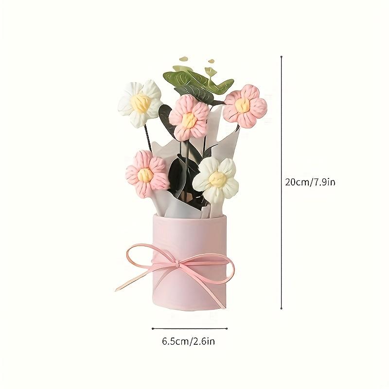 1PC handmade crochet bouquet with pink vase, including crocheted flower fabric wrapping paper and ribbon - carefully woven cotton thread