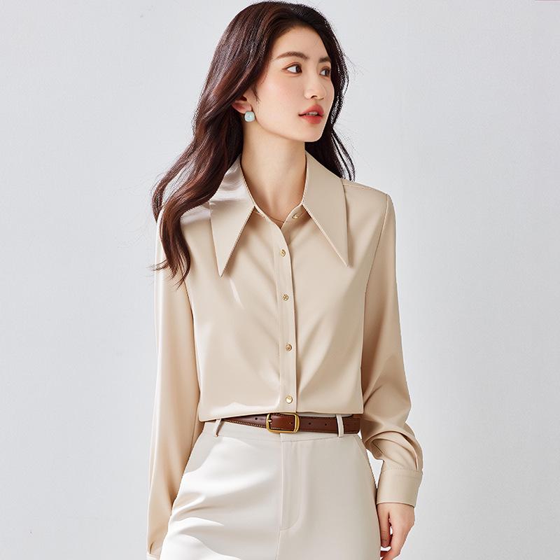 Women's Chic Early Spring Glossy Satin Long-Sleeve Shirt - Fashionable High-End Office Wear