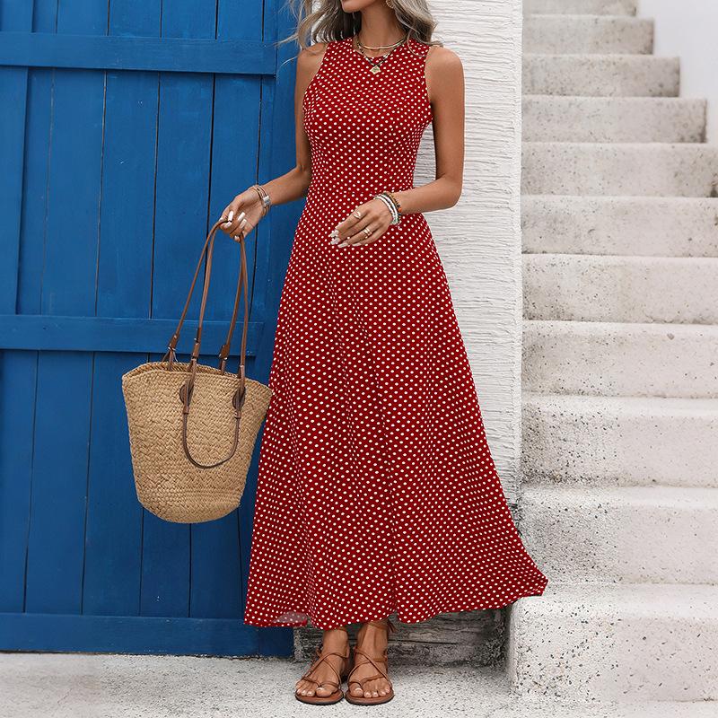 Women's Fashion Summer Spring Polka Dot Print Sleeveless O-Neck High Waist Casual Dresses