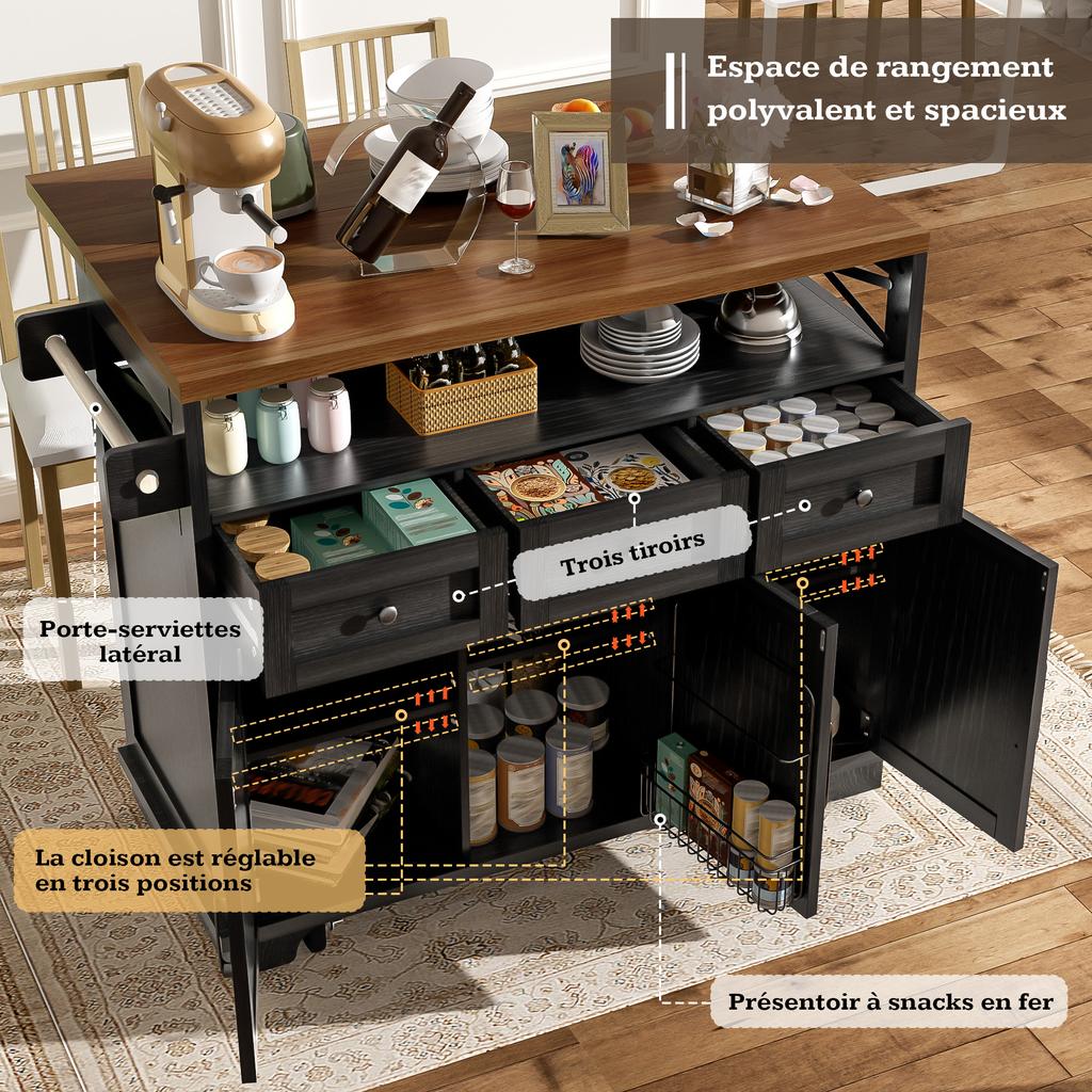 Modern Kitchen Island (118×43-70×98cm) with Wood Grain, Cart with Wheels, Multifunctional Storage, Removable Dividers, Towel Holder, Black