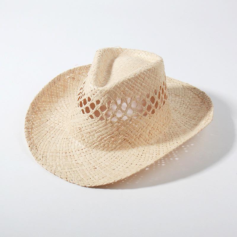 Europäischer Stil Sommer Raffia Panama Hut für Damen, Strandurlaub Sonnenschutzmütze, Mode Cowboy Strohhut