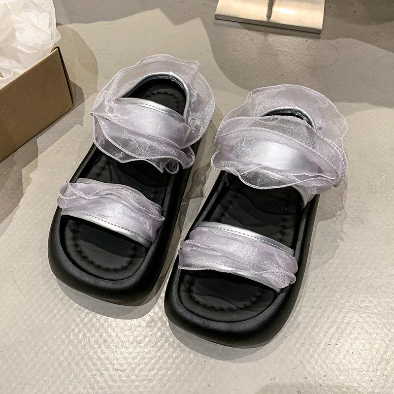Lace Lace One-word Drag Women's Summer New Thick-soled Retro Outer Slippers Heightened Small Cool Slippers