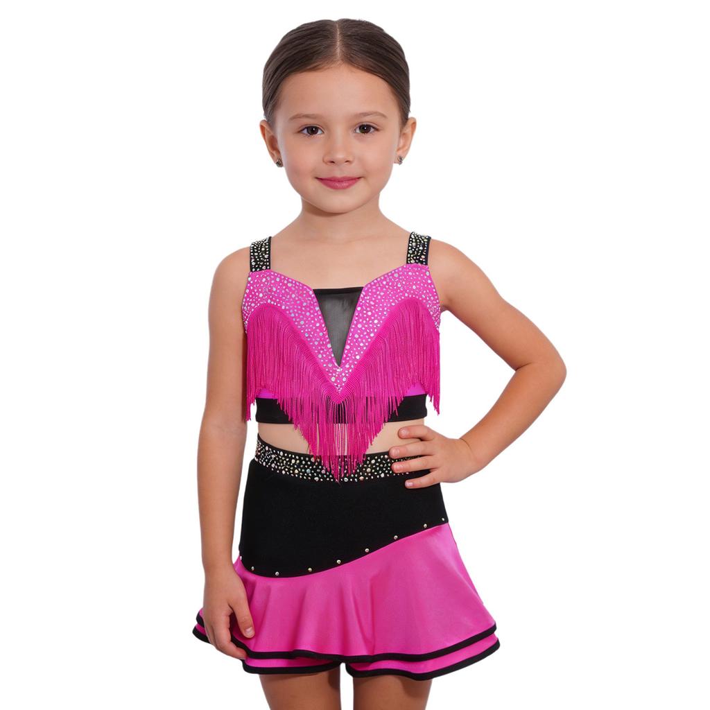 Kinder Mädchen Farbblock Latin Dance Crop Top Breite Schulterträger Quasten Strasssteine mit elastischem Bund Rock für Tango Rumba Gesellschaftstanz Performance