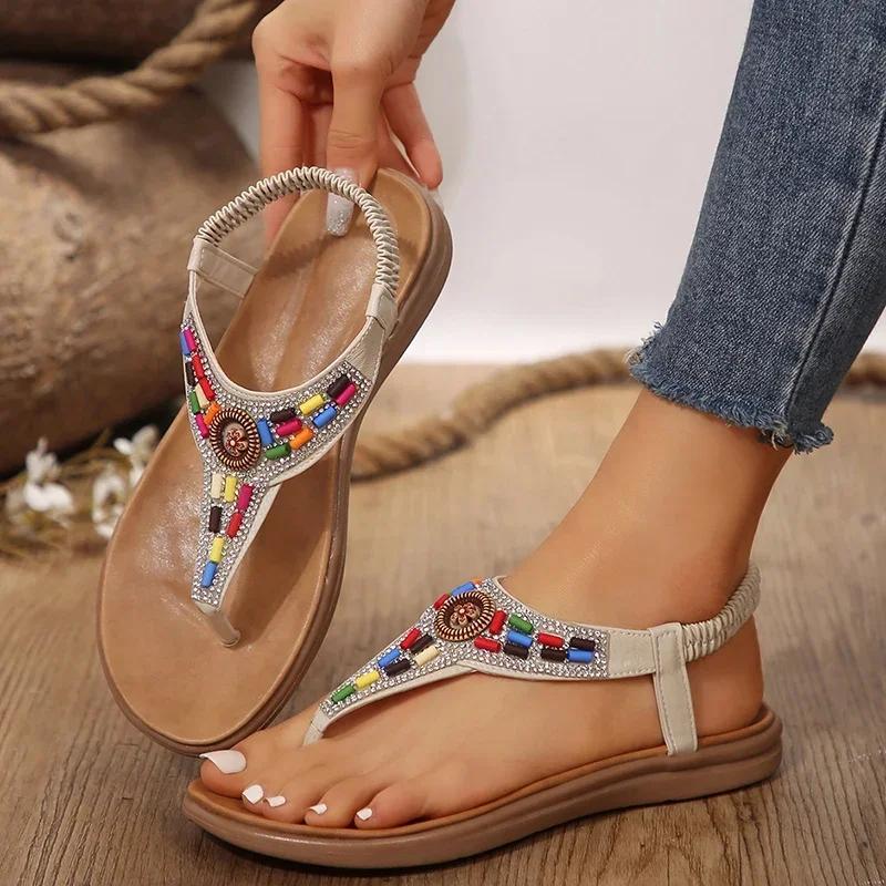 

Fashion 2025 Mix Color Bohemian Sandals Women Fashion Clip Toe Non-Slip Rome Sandals Female Summer Crystal Flat Heel Sandalias 41 бежевый