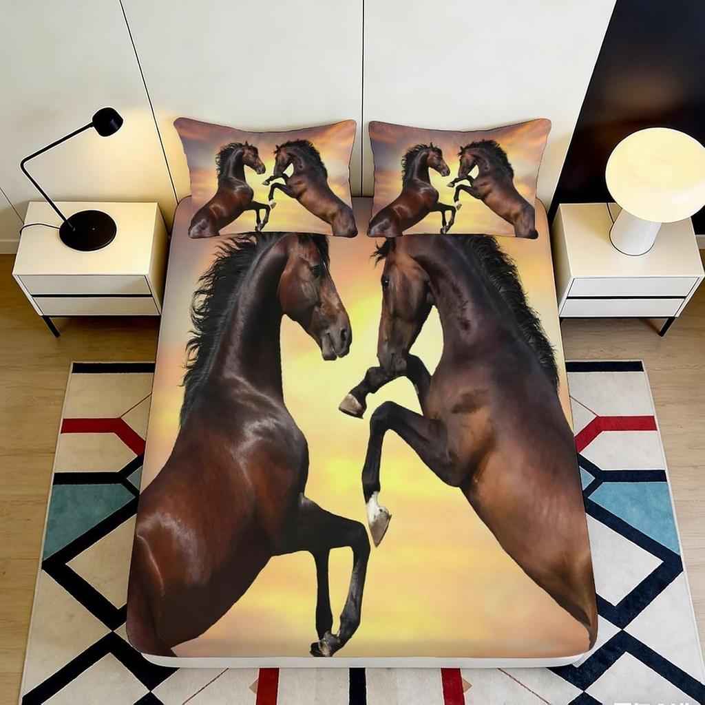 Horse Pattern Fitted Sheet, Microfiber Bed Cover,non-slip,mattress Protection,easy Care,all Season, Breathable, Machine Washable