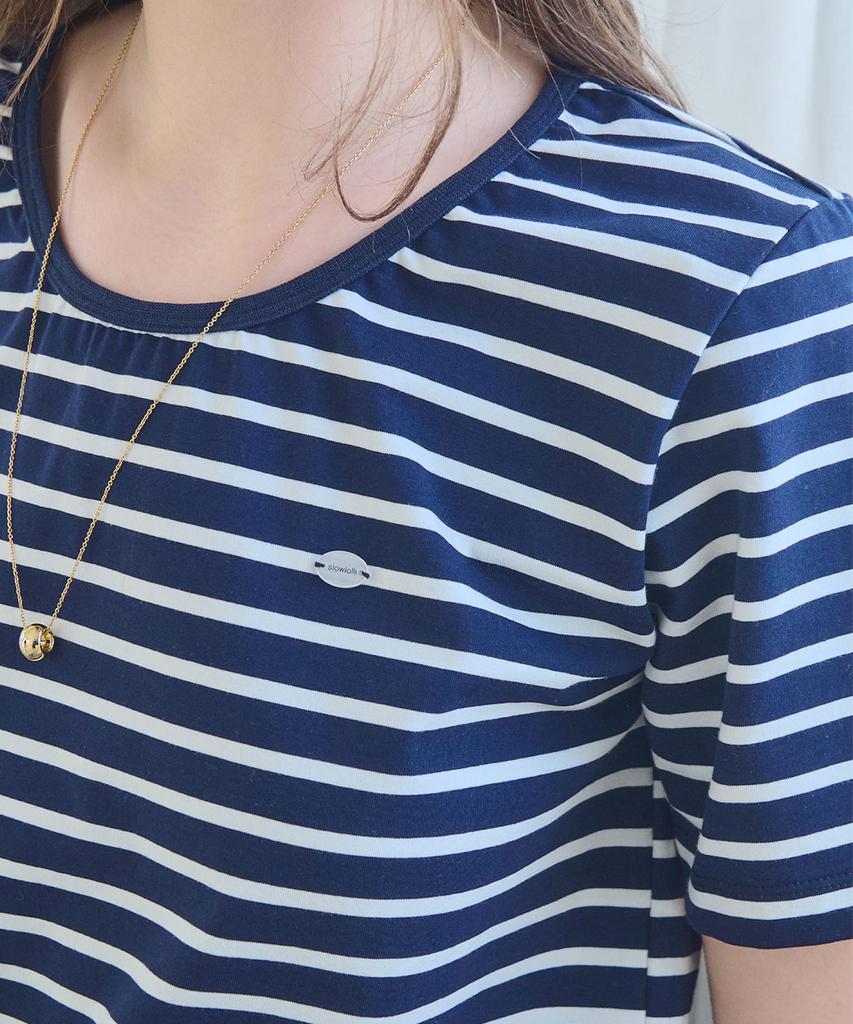 SLOWLOLLI U Neck Stripe Short Sleeve T-Shirt - Navy