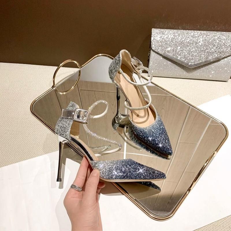 Ombre High Heels Women's Summer New Pointed Toe Shallow Mouth Sequin Crystal Wedding Shoes Versatile Stiletto Shoes
